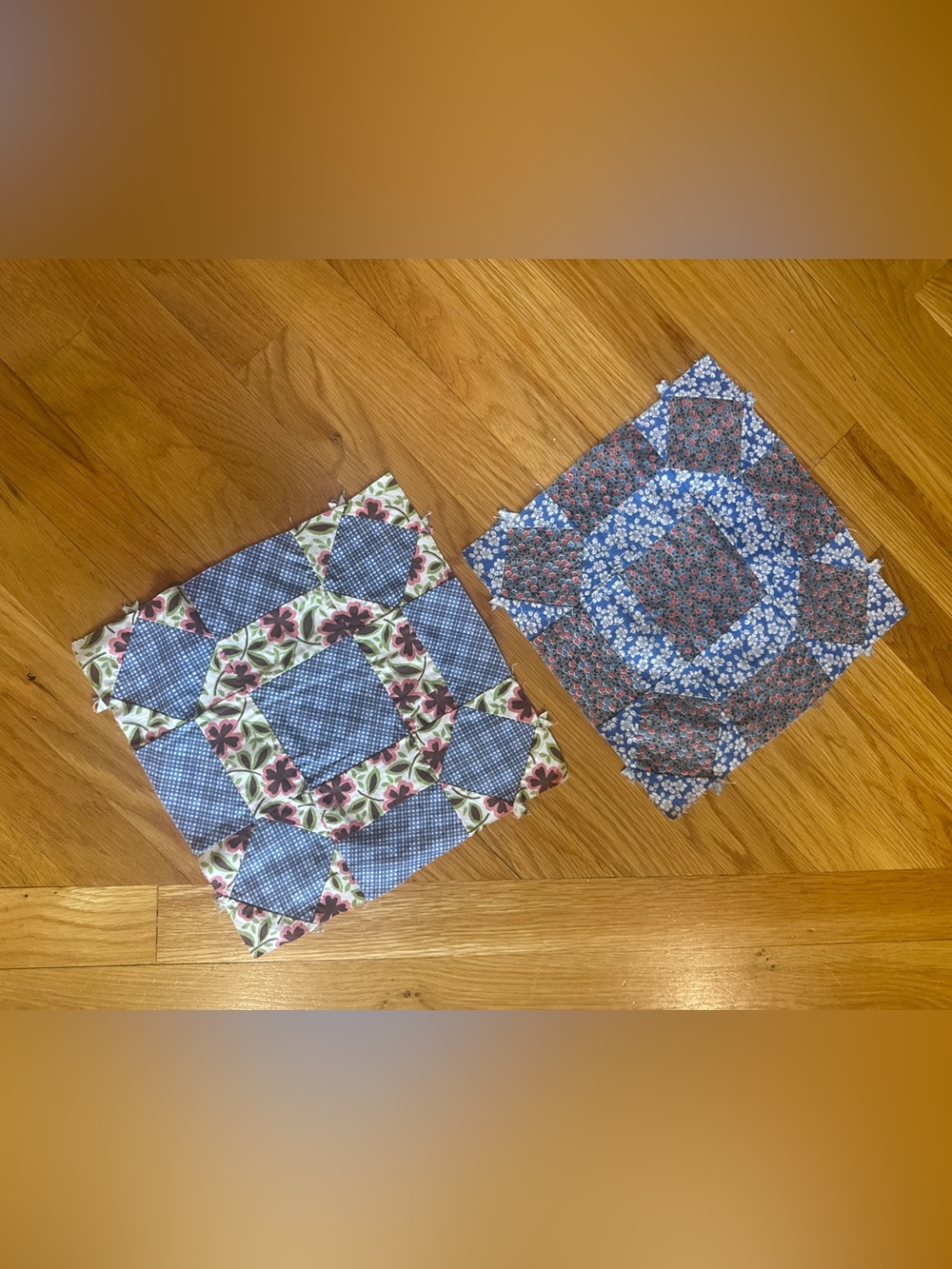 Pair of Vintage Floral Patchwork Quilt Blocks - Blue & Multi
